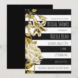 Gold-Ton-Floral-Schwarz-Weiß-Gestreifte Einladung