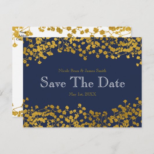 Gold Tone Gipskraut Blau Save the Date Ankündigungspostkarte (Vorne/Hinten)