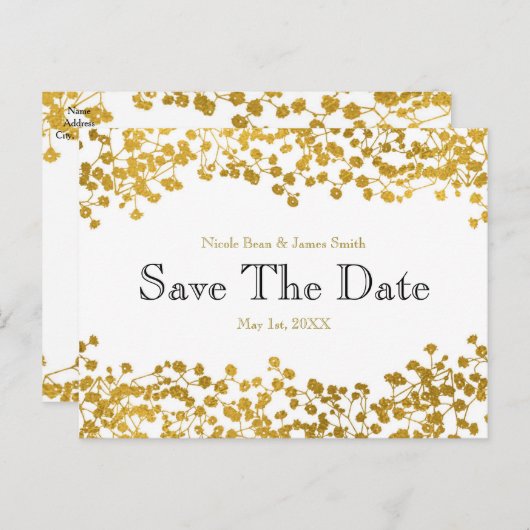 Gold Tone Gipskraut Save the Date weiß Ankündigungspostkarte (Vorne/Hinten)