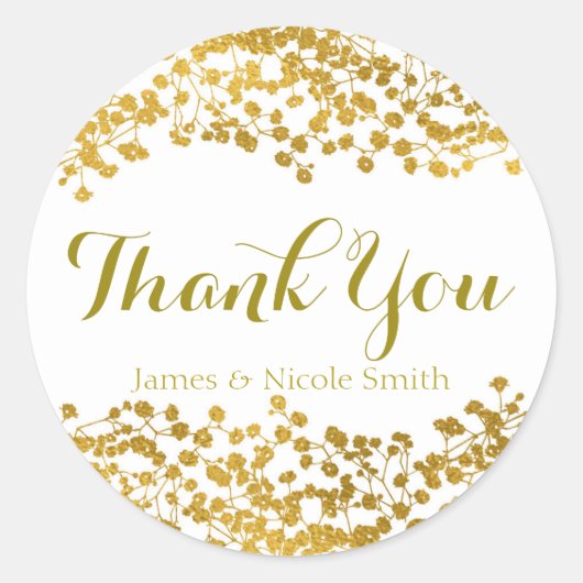 Gold Tone Gipskraut Weiß Elegante Gefallen Runder Aufkleber (Vorderseite)