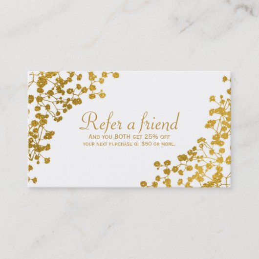 Gold Tone Gipskraut Weiß REFER A FRIEND Card Empfehlungskarte (Vorderseite)