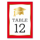 Gold Tone Grad Cap auf Red Classy Abschluss Table Tischnummer (Vorderseite)
