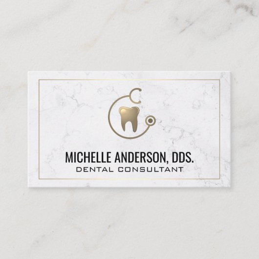 Gold Tooth Stethoscope Logo | Marble Business Card Visitenkarte (Vorderseite)