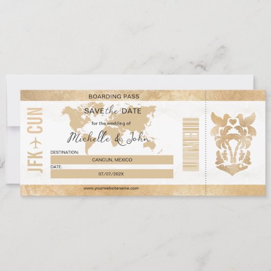 Gold Travel Boarding Pass Mexiko Save the Date Einladung (Vorderseite)