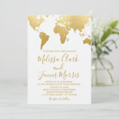 Gold Travel World Map Einladung zur Hochzeit (Stehend Vorderseite)