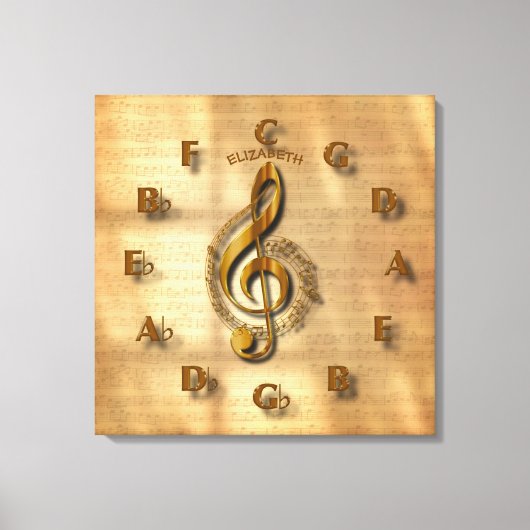 Gold Treble Clef Uhr mit Kreis der Fünftel-Musik Leinwanddruck (Vorderseite)