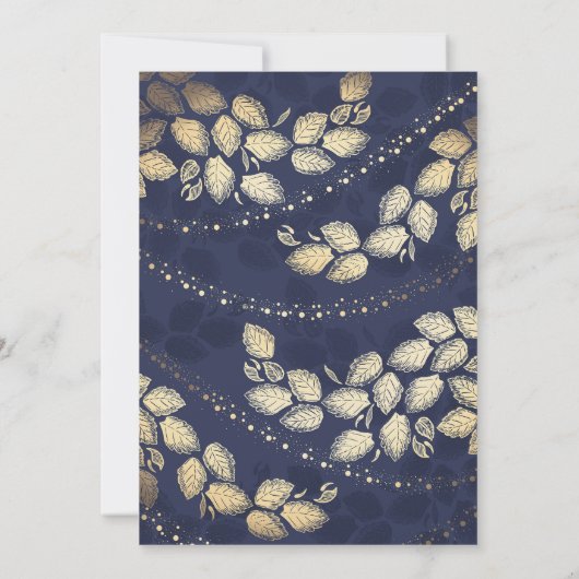 Gold Tree Blätter und Lichter | Blaue Hochzeit Einladung (Rückseite)