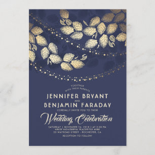 Gold Tree Blätter und Lichter Blaue Hochzeit Einladung