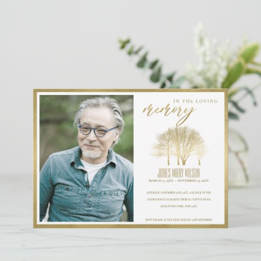 GOLD TREE FOTO BEILEID MEMORIAL SERVICE INVITE DANKESKARTE (Stehend Vorderseite)