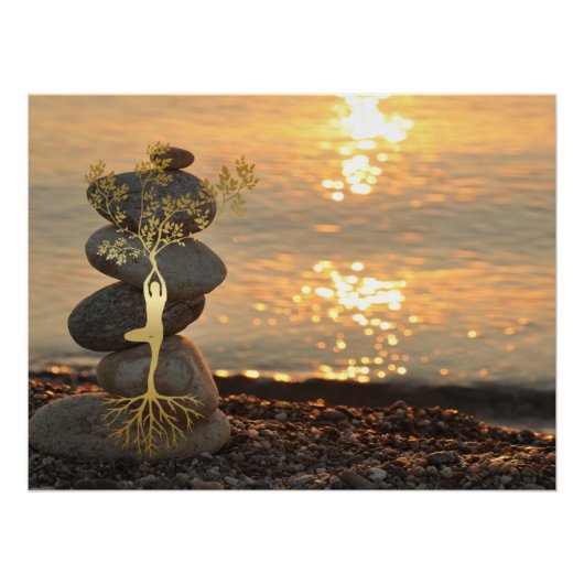 Gold Tree Girl Silhouette Zen Stones, Sonnenunterg Poster (Vorderseite)