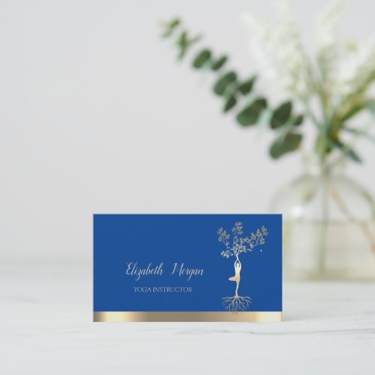 Gold Tree Women Silhouette, Blue Yoga Instructor Visitenkarte (Stehend Vorderseite)