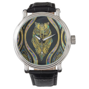 Gold Tribal Owl auf Boho Abalone Muster Armbanduhr