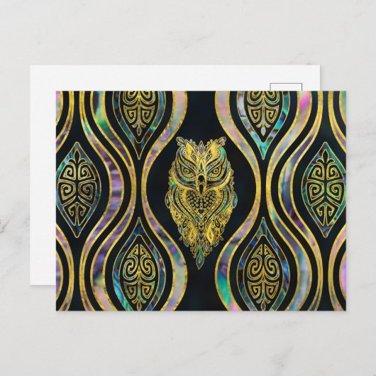 Gold Tribal Owl auf Boho Abalone Muster Postkarte (Vorne/Hinten)