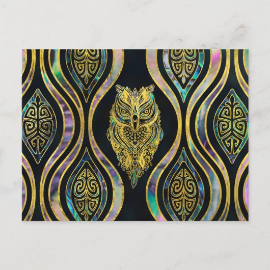 Gold Tribal Owl auf Boho Abalone Muster Postkarte (Vorderseite)