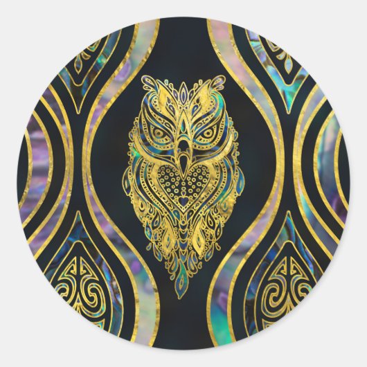 Gold Tribal Owl auf Boho Abalone Muster Runder Aufkleber (Vorderseite)
