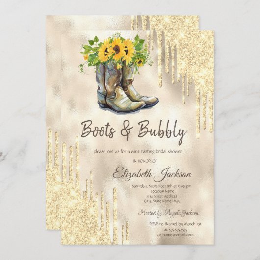 Gold Tropfen Boots Sunflowers Brautparty Einladung (Vorne/Hinten)