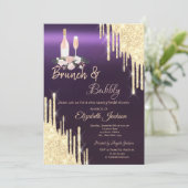 Gold Tropfen Brunch & Bubbly Lila Brautparty Einladung (Stehend Vorderseite)