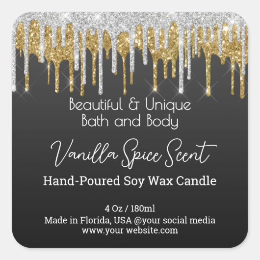 Gold Tropfen Glitzer Flasche Kerzenhalterung Produ Quadratischer Aufkleber (Vorderseite)