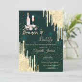 Gold Tropfen Grüner Brunch & Bubbly Brautparty Einladung (Stehend Vorderseite)