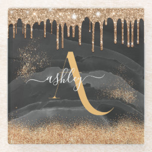 Gold tropfender Glitter Monogram benutzerdefiniert Glasuntersetzer