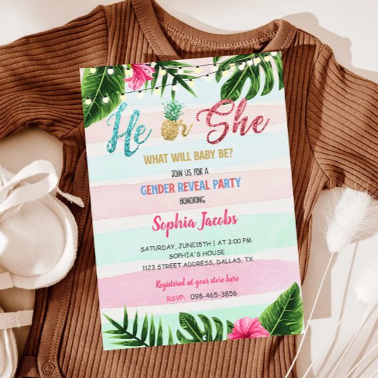 Gold Tropical Beach Luau Gender Reveal Einladung
