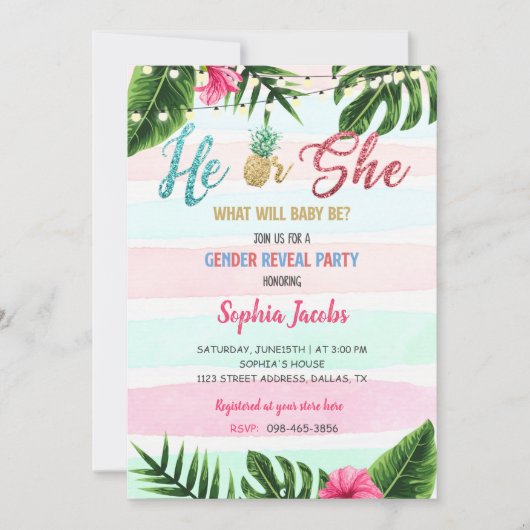 Gold Tropical Beach Luau Gender Reveal Einladung (Vorderseite)