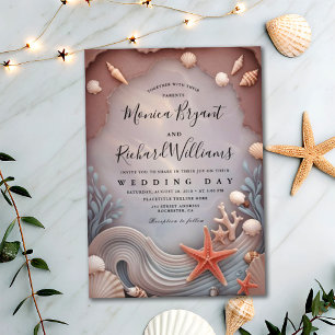 Gold Tropical Beach Rose Couple's Day Wedding Einladung
