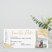 Gold Tropical Boarding Pass Pic Save the Date Ankündigung (Stehend Vorderseite)