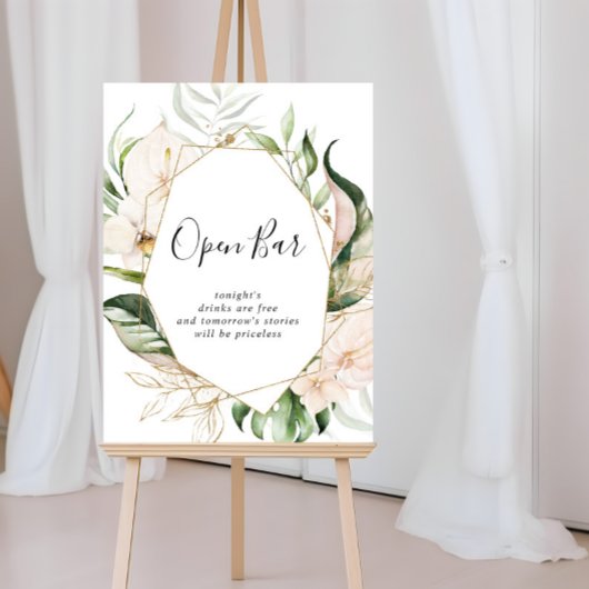 Gold Tropical Foliage Floral Wedding Open Bar Sign Poster