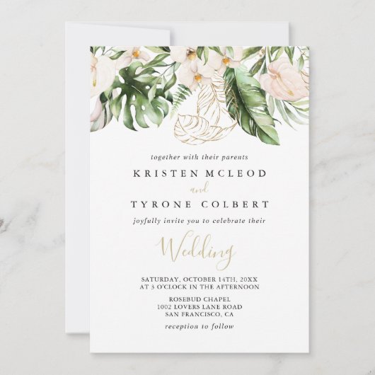 Gold Tropical Foliage Front & Back Wedding Einladung (Vorderseite)