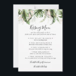 Gold Tropical Green Wedding Kissing Menu Game Card<br><div class="desc">Diese goldgrüne Hochzeitskissingkarte eignet sich perfekt für einen modernen Hochzeitsempfang. Das Design besteht aus handbemalten Aquarellgolden,  grünen Blätter aus Palmen und Bananen mit rosafarbenen Blume,  die in hübschen Bouquets angeordnet sind.</div>
