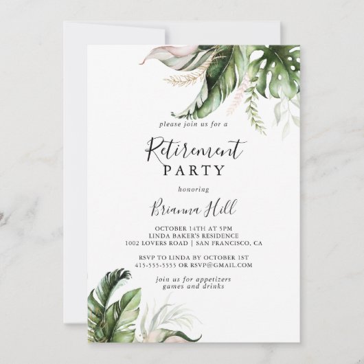 Gold Tropical Greenerity Retirement Party Einladung (Vorderseite)