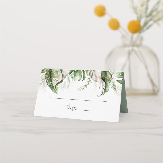 Gold Tropical Greenerity Wedding Platzkarte (Vorderseite)