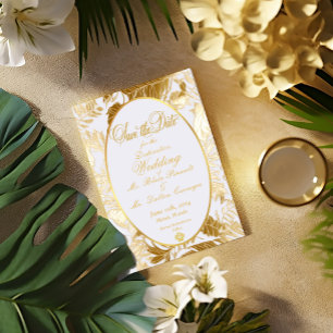 Gold Tropical Hochzeit in Urlaubsort Save the Date RSVP Karte