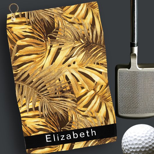 Gold Tropical Leaves Personalized Golfhandtuch