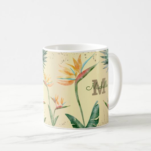Gold Tropical Palm Foliage Floral Monogram Script Kaffeetasse (VorderseiteRechts)