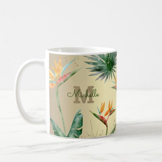 Gold Tropical Palm Foliage Floral Monogram Script Kaffeetasse (Links)