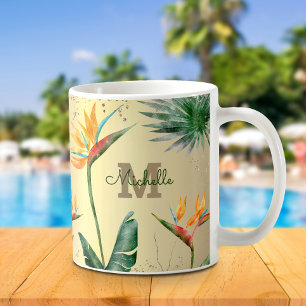 Gold Tropical Palm Foliage Floral Monogram Script Kaffeetasse