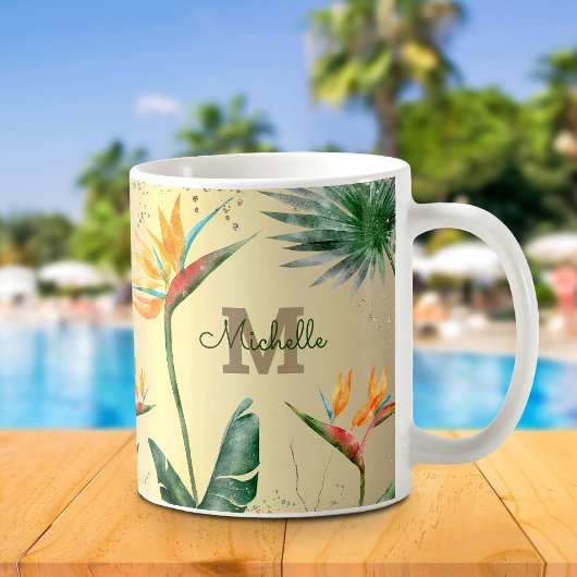 Gold Tropical Palm Foliage Floral Monogram Script Kaffeetasse