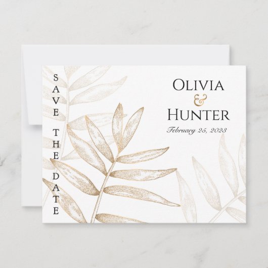 Gold Tropical Palm Foto Save the Date Card Ankündigung (Vorderseite)