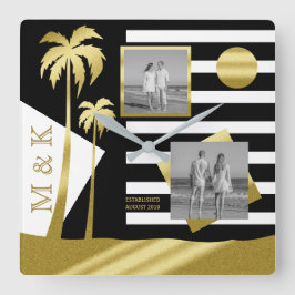 Gold Tropical Palm Trees Beach Instagram Photos Quadratische Wanduhr