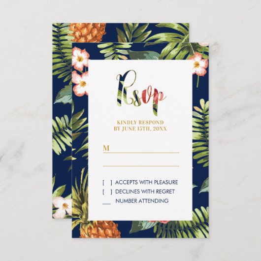 Gold Tropical Summer Wedding RSVP Beilage Card (Vorne/Hinten)