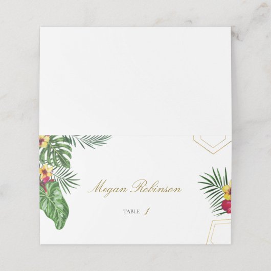 Gold Tropical Wedding Blumenzelt Platzkarte (Außenseite Aufgefaltet)