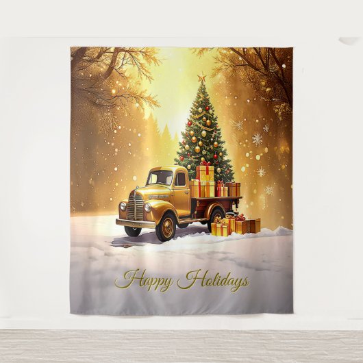 Gold Truck Christmas Tree Holiday Backdrop Wandteppich (Vorderseite)