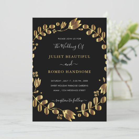 Gold Tulip Black Wedding Einladungskarte (Stehend Vorderseite)