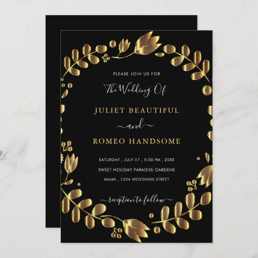 Gold Tulip Black Wedding Einladungskarte (Vorne/Hinten)