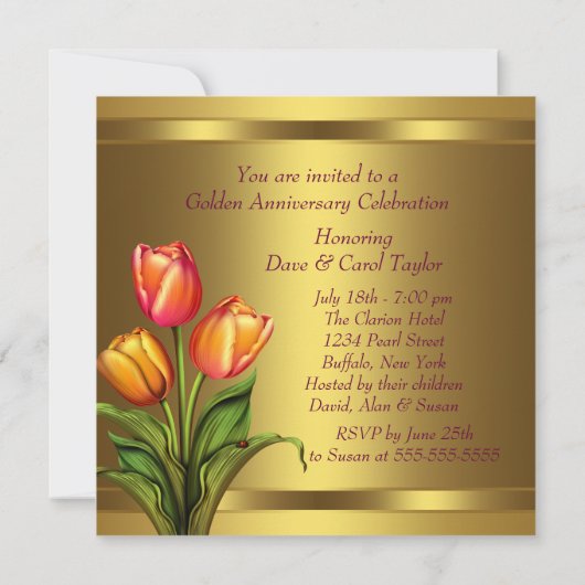 Gold Tulips 50. Hochzeitstag Einladung (Rückseite)