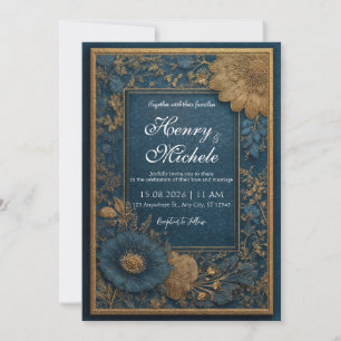 Gold Türkis Marineblau Botanisch Texturierte Hochz Einladung