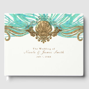 Gold & Türkis Meeresglanz Strand Hochzeit Elegant Gästebuch