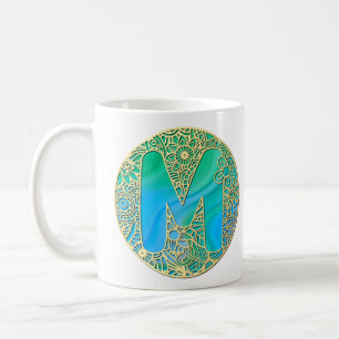 Gold, Türkis Monogramm M und farbenfrohe Blumen Kaffeetasse